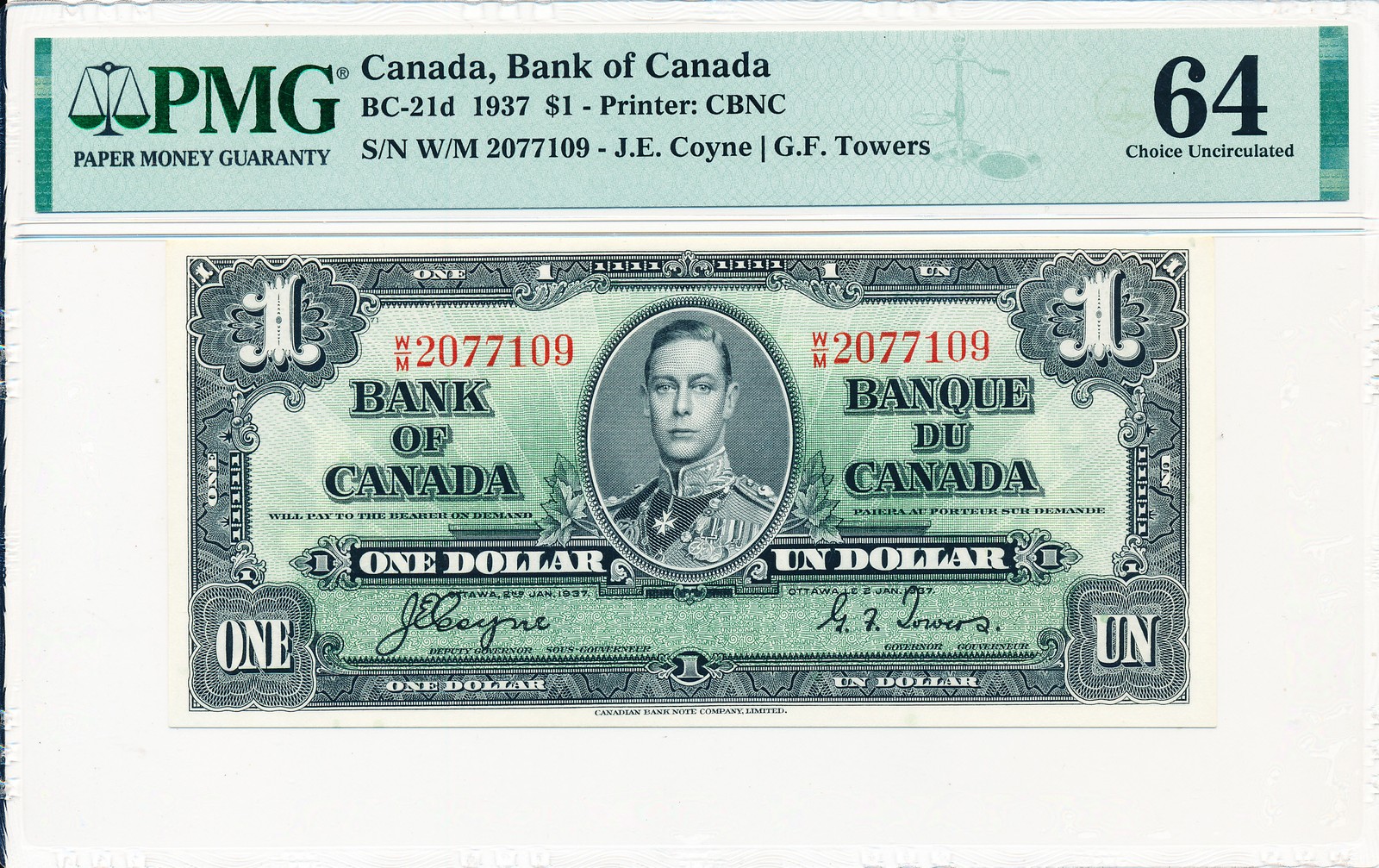 Bank of Canada Canada $1 1937  PMG  64