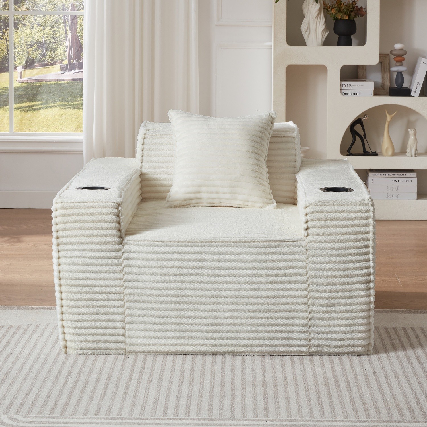 No Assembly Floor Chairs 1-Seater Corduroy Chair w/ 2 Cup Holders for Apartments