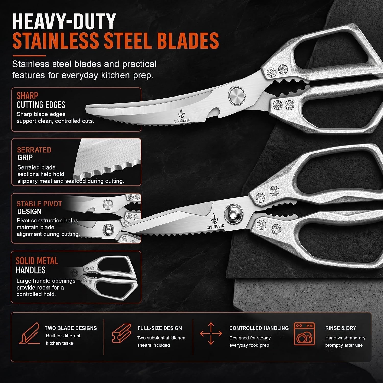 Heavy Duty Kitchen Shears for Bone Cutting, 2 Pack Ultra Sharp Poultry Scissors,