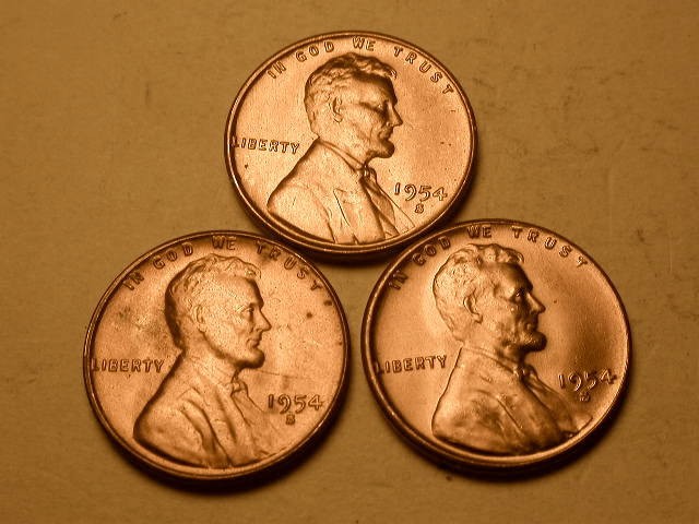 3 Different 1954-S Ch/Gem BU Red Uncirculated Lincoln Cent Die Break Errors#2