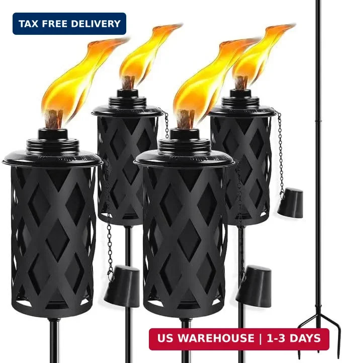 Citronella Torches for Outside Set of 4, 16 Oz Outdoor Torches with 3-Prong Grou
