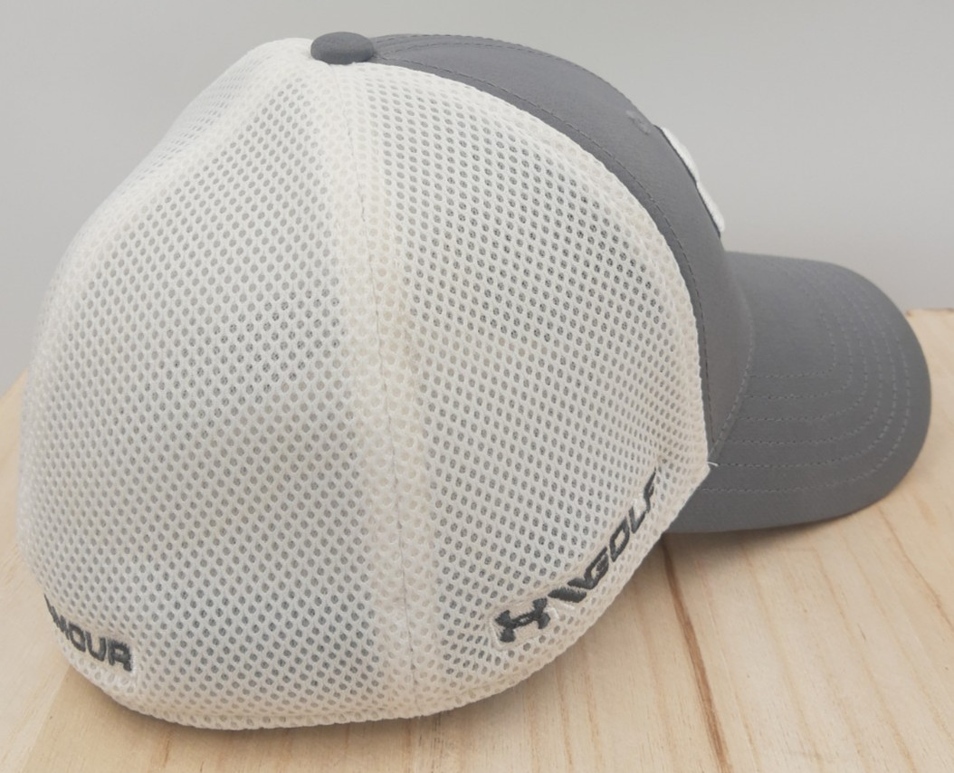 Under Armour Golf Gray/White Fitted Mesh Hat Cap Classic Fit M/L Embroidered