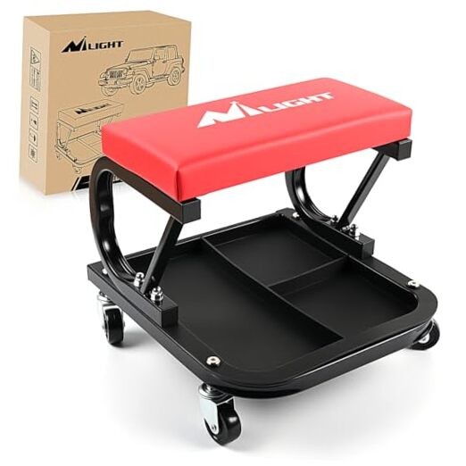 Rolling Mechanic Seat, 250 LBS Capacity Padded Mechanic Stool with Tool Red