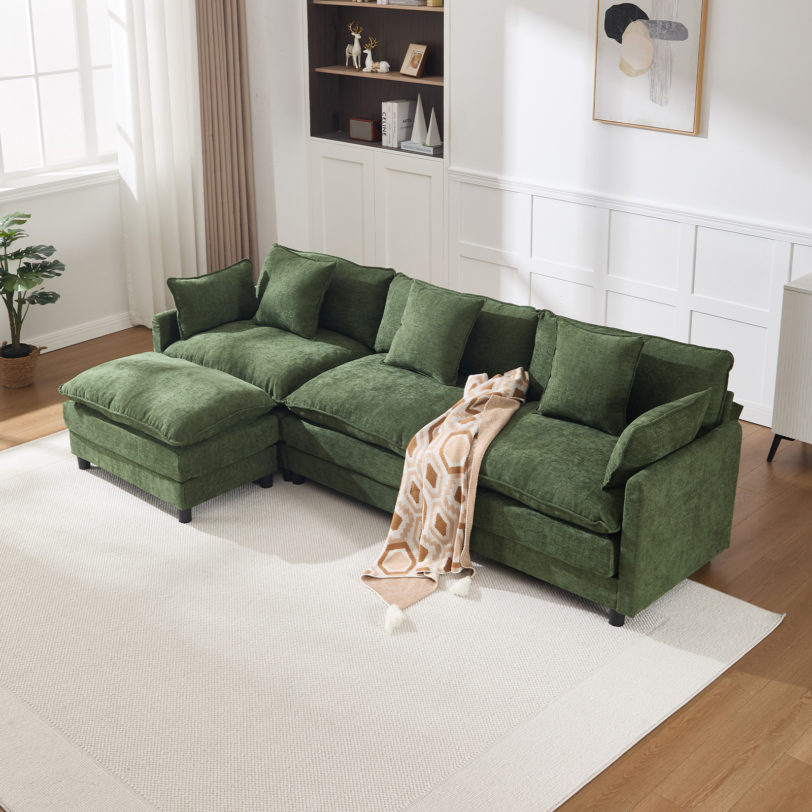 108" L-Shaped Modern Sofa Sectional with Ottoman, 4-Seat Chenille