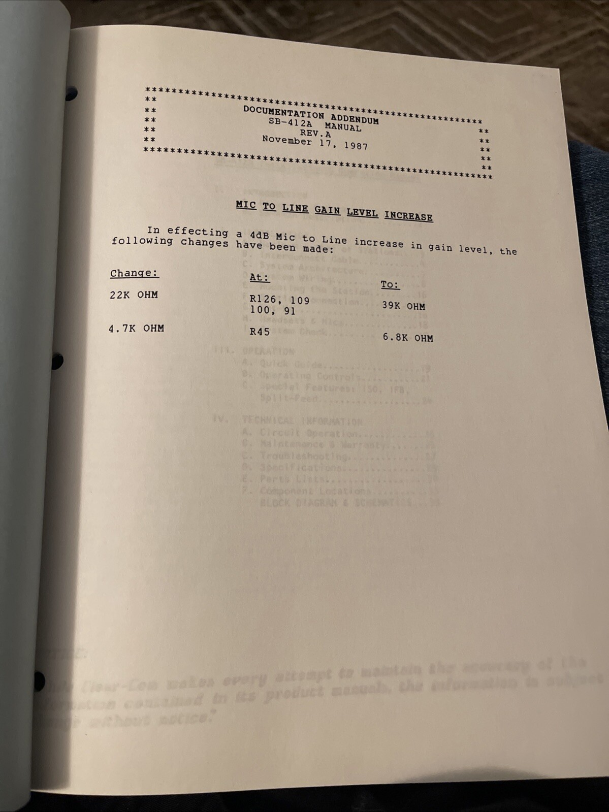 Clear-Com Intercom Systems SB – 412 A Switchboard Instruction/Service Manual