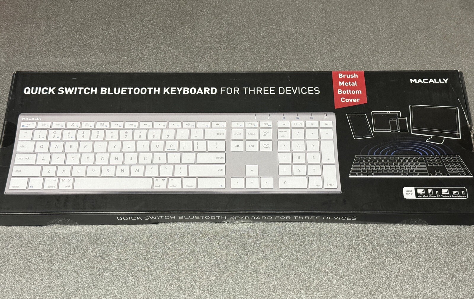 New MACALLY Quick Switch Bluetooth Keyboard  3 Devices Brush Metal Bottom Cover