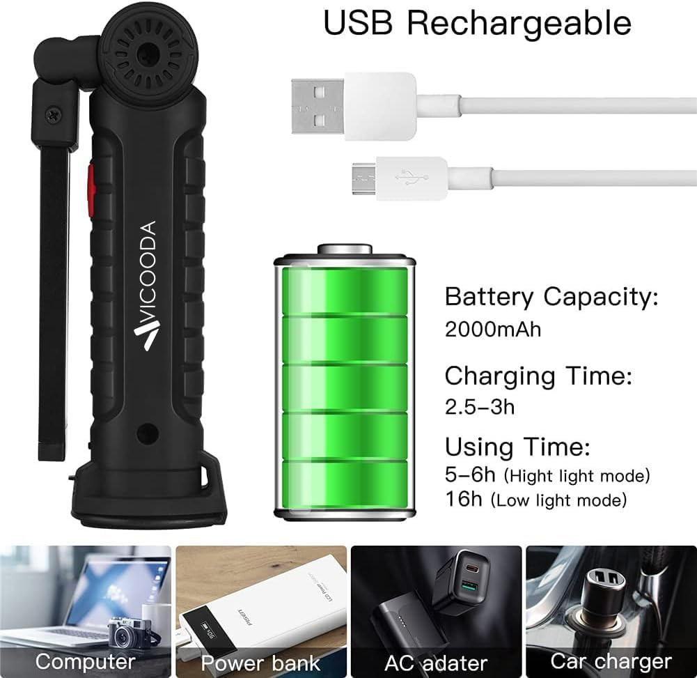 LED Rechargeable Work Light with Magnetic Base Hanging Hook, 360° Rotate 5 Modes