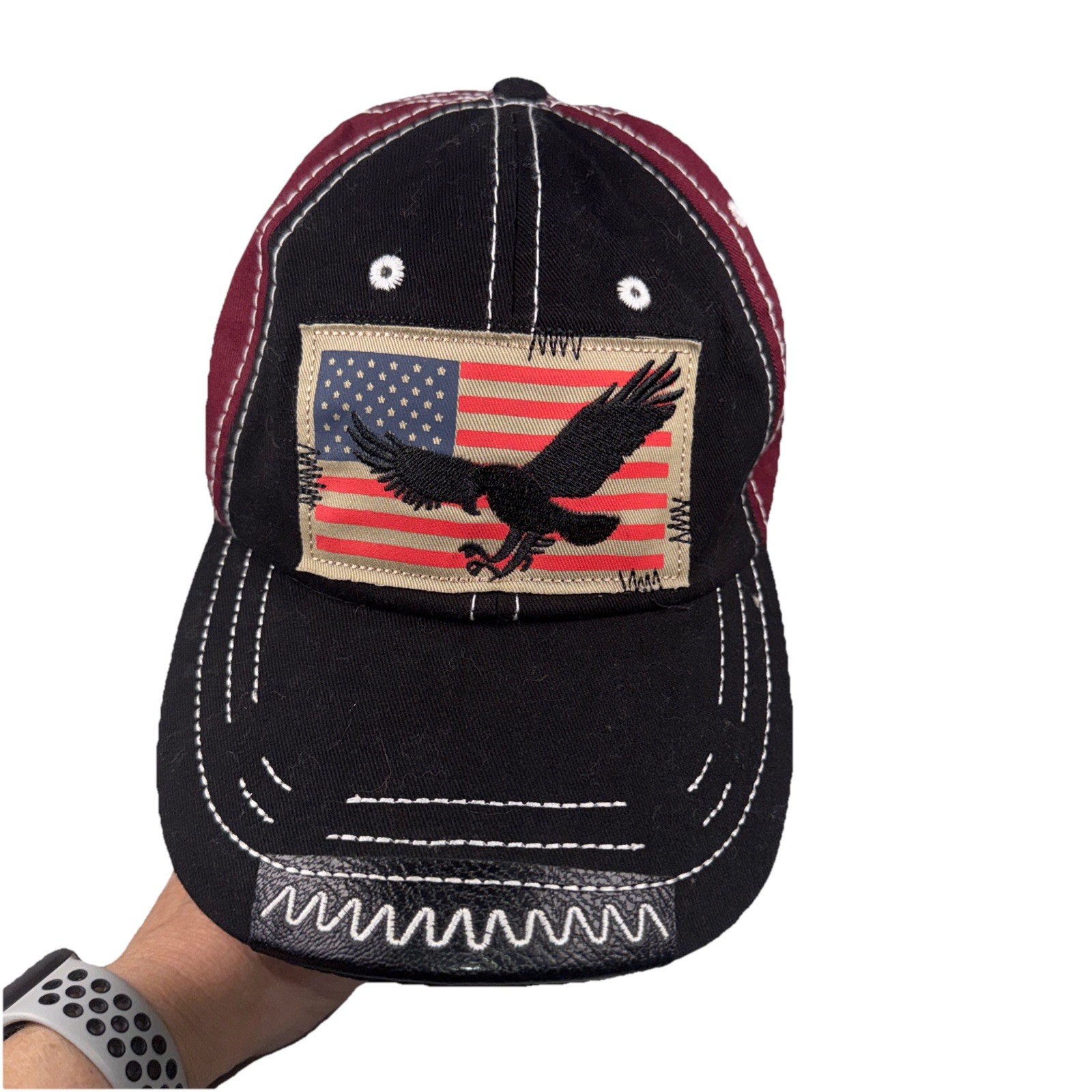 American Flag Patch Tan w Black Eagle on Black Maroon Hat Cap Strap Buckle