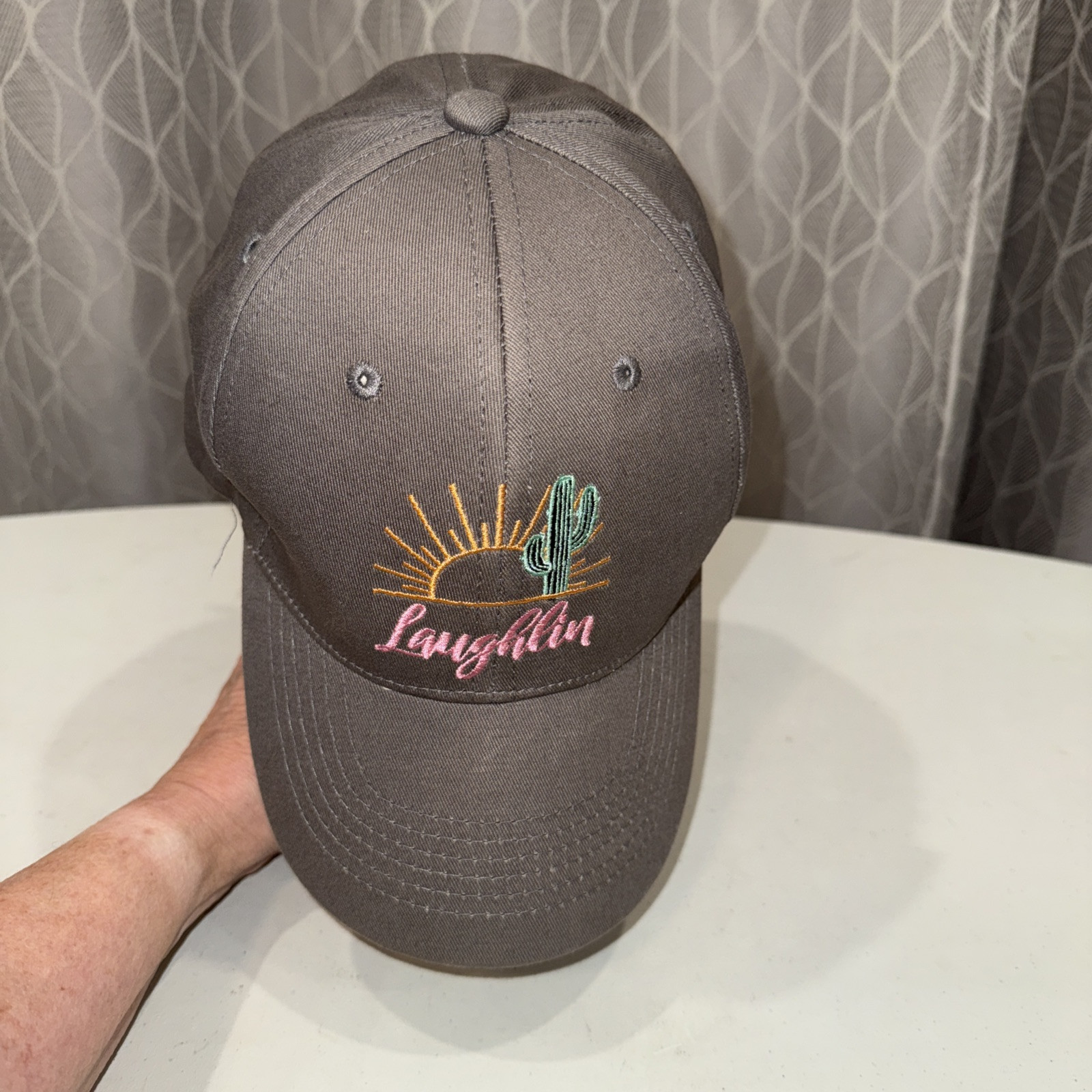 Laughlin in white letters w green cactus/yellow SunGray Fabric Hat Cap Hook Loop