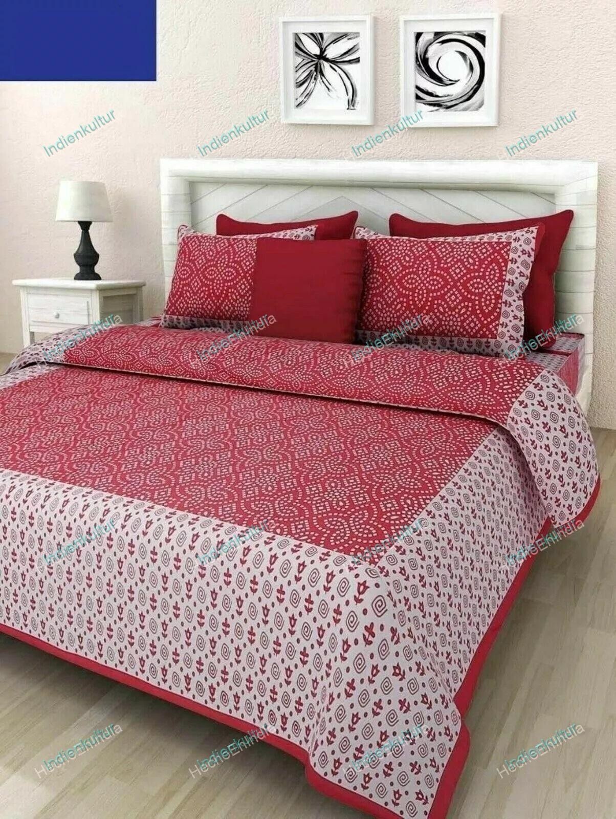 Handmade Red For Occasion Pure Cotton Double Bed Sheet With 2 Pillow Cover