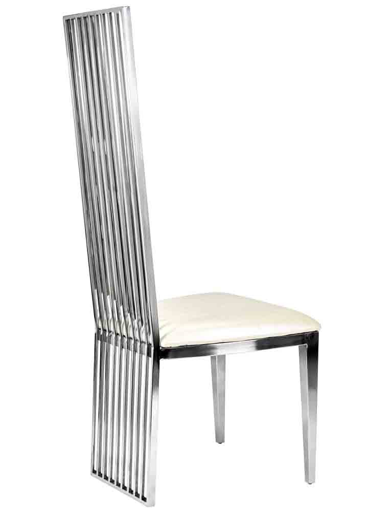 Silver Stainless Steel High Back Chair, Silver Frame, White Vinyl Seat-Chivari