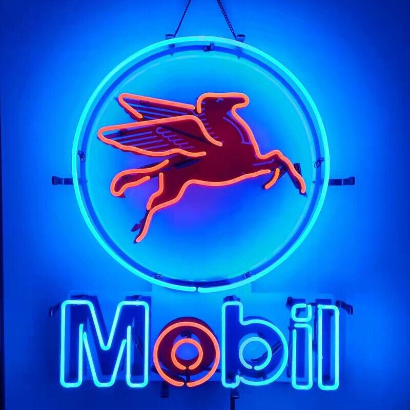 Mobil Gas Oil Pegasus Gasoline 24"x20" Neon Lamp Light Sign HD Vivid Printing