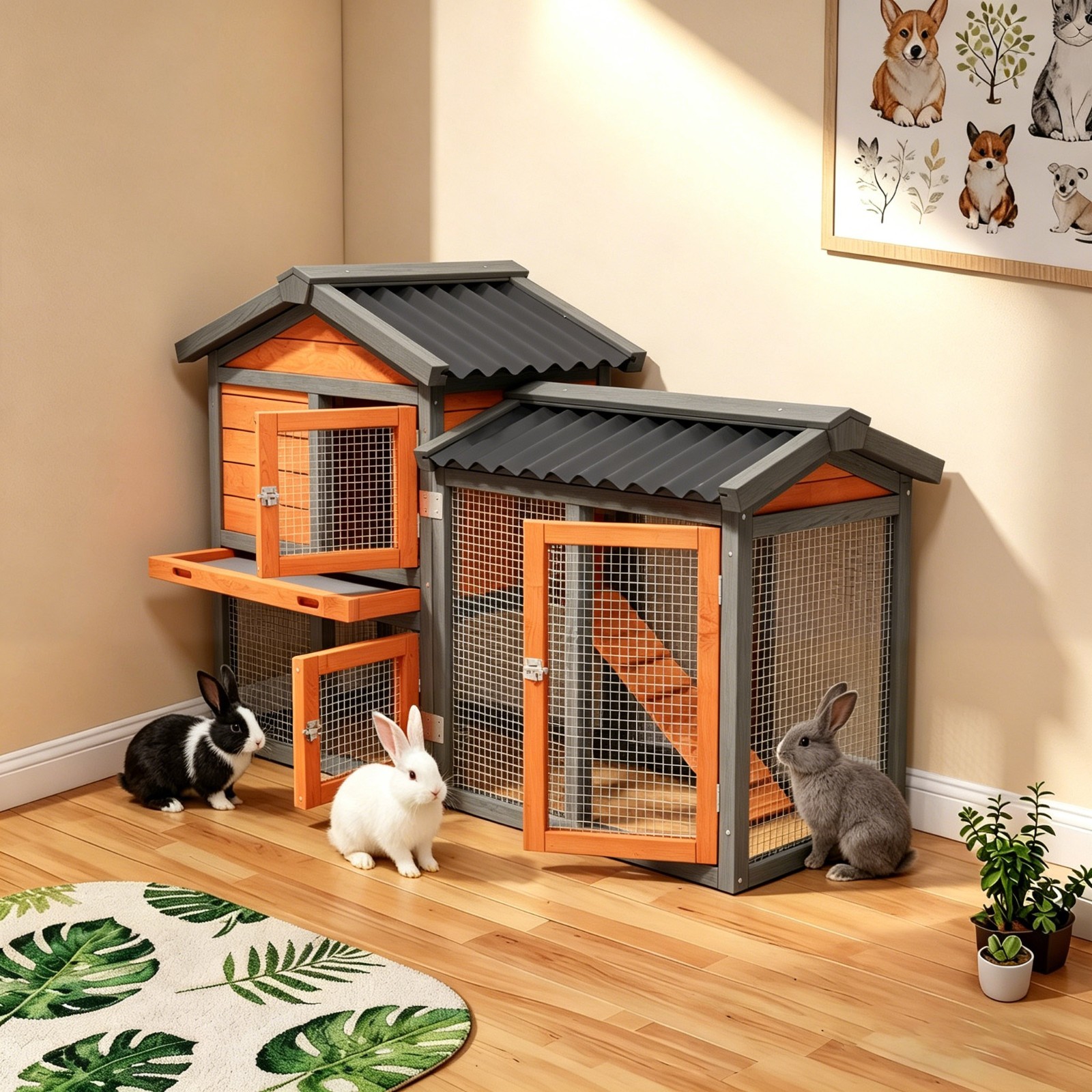 2-Tier Rabbit Hutch with Tray, Outdoor Weatherproof Small Animal Cage,Orange