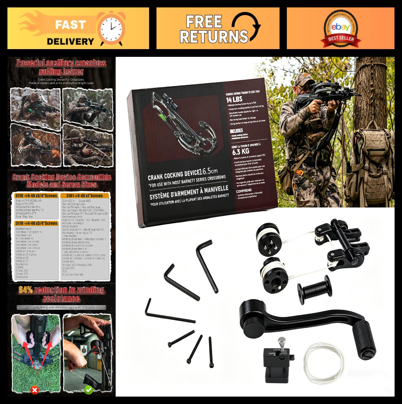 Universal Crank Cocking Device for Crossbows - 93% Draw Weight Reduction, Ambide