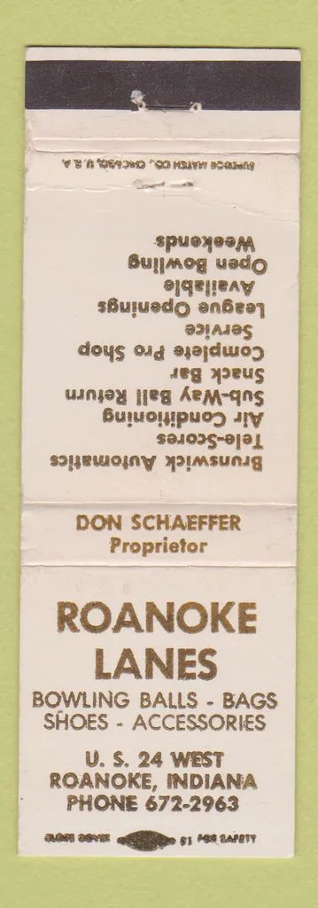 Matchbook Cover - Roanoke Lanes Bowling IN Brunswick