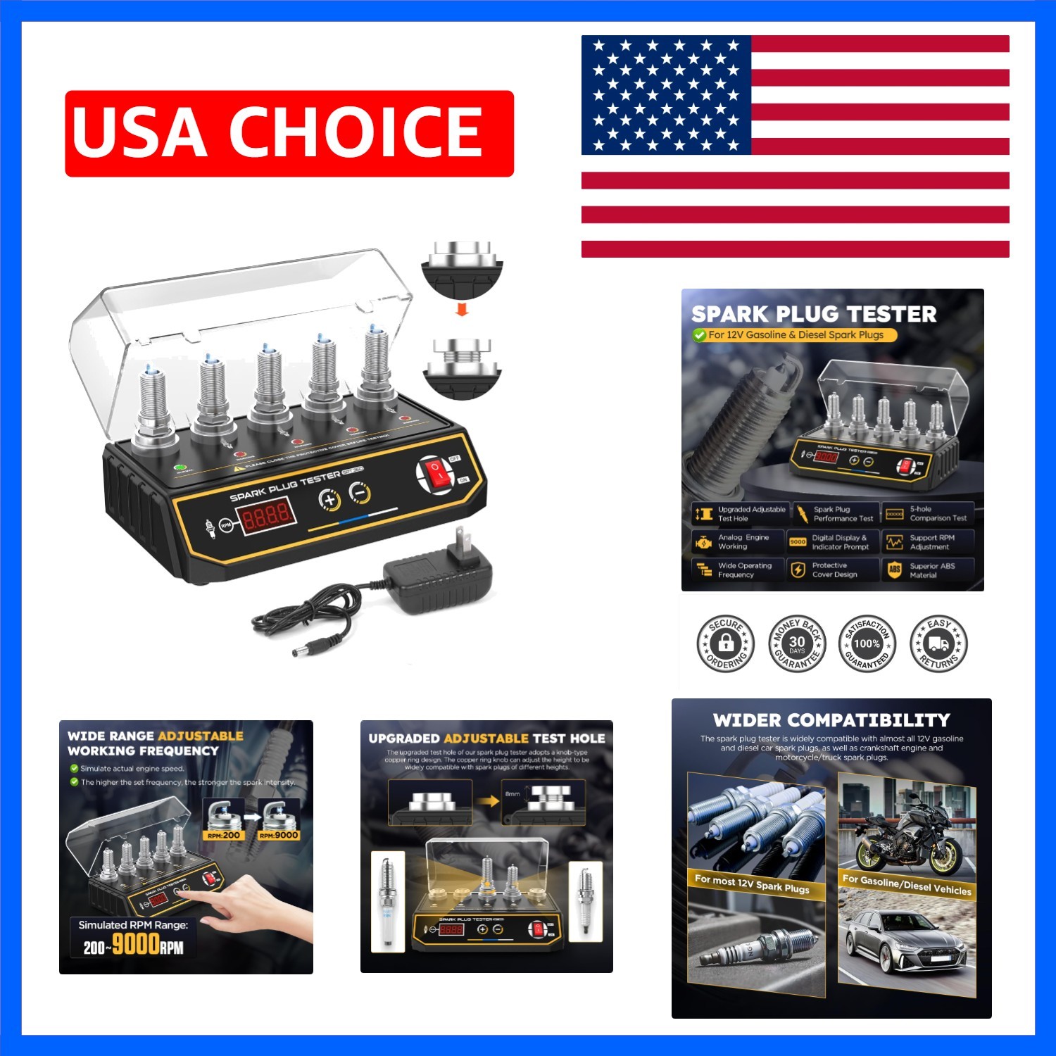 Spark Plug Tester Automotive Upgraded 5-Hole Height Adjustable Engine Ignitio...