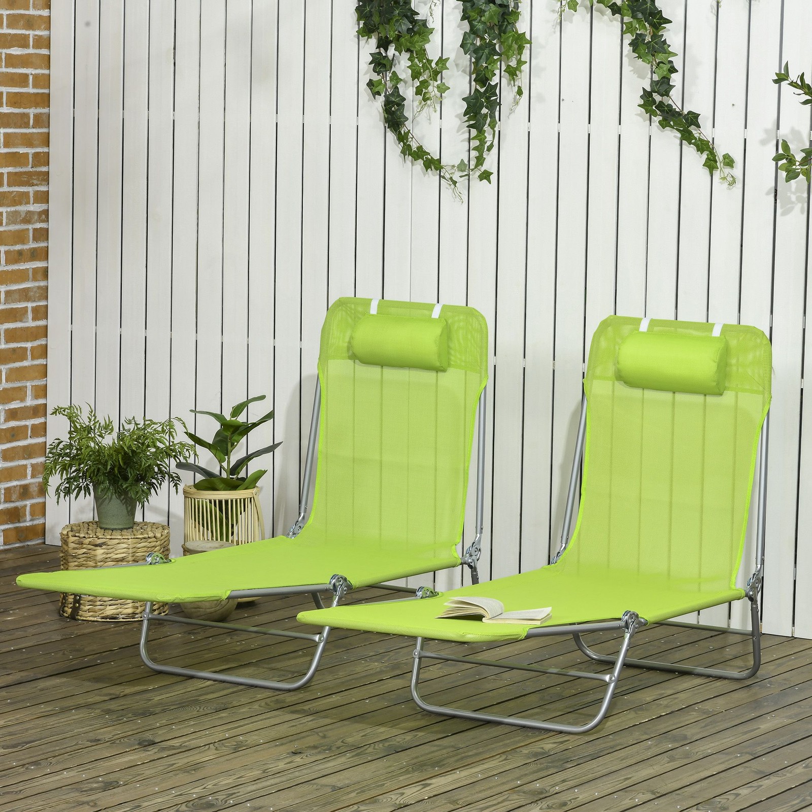 Folding Recliner Chairs, 2-Pack, Breathable Fabric, Portable Use, Green