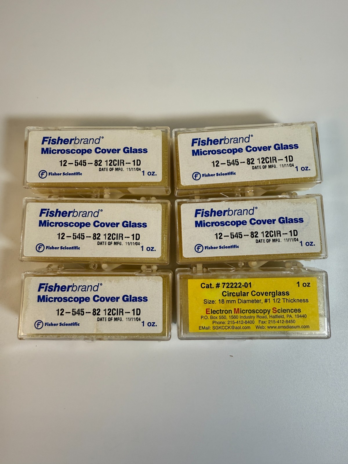 Lot of 6 Fisherbrand Microscope Cover Glass 12-545-82 + EMS 18mm Circular Cover