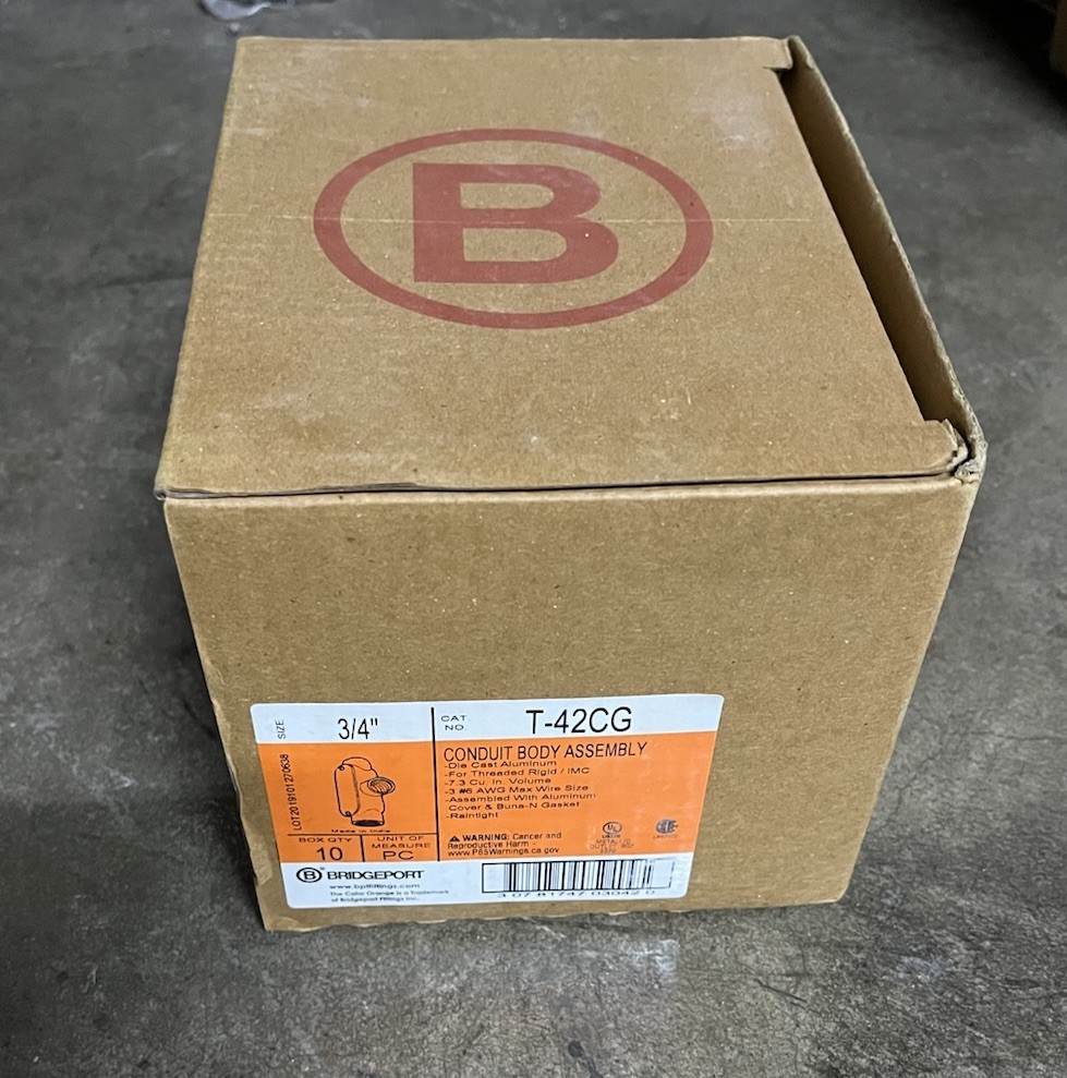 Bridgeport T-42CG Conduit Body Assembly 3/4" Die Cast Alum. New Box of 10 Pieces