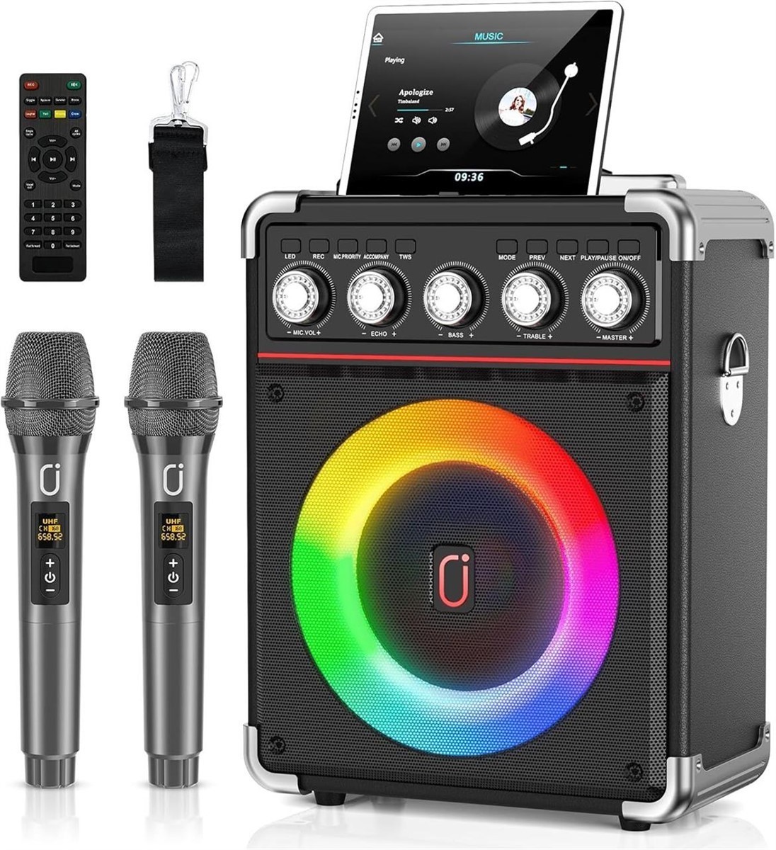Powerful Hwwr TX05 Portable Karaoke System, Bluetooth, DJ Lights, 2 Mics, Remote