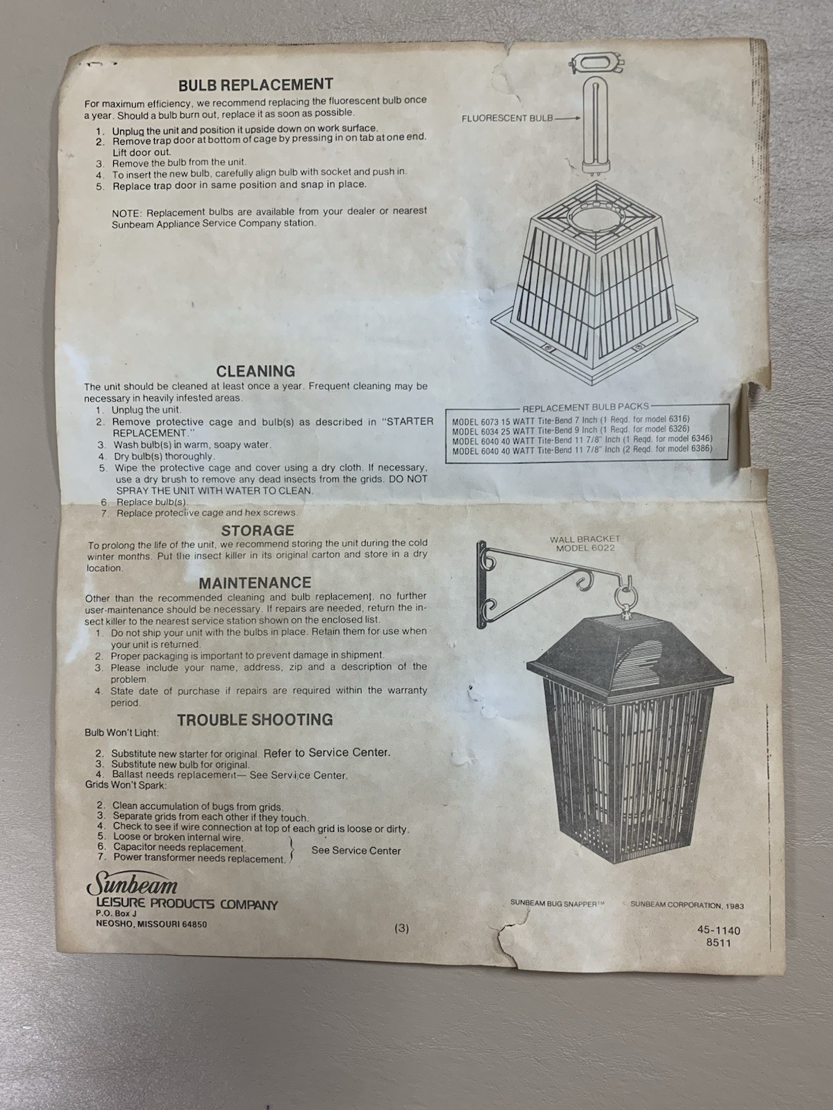 Vintage Sunbeam Bug Zapper Lantern Model 6386 (Tested) Double Bulb (Extra Bulb)