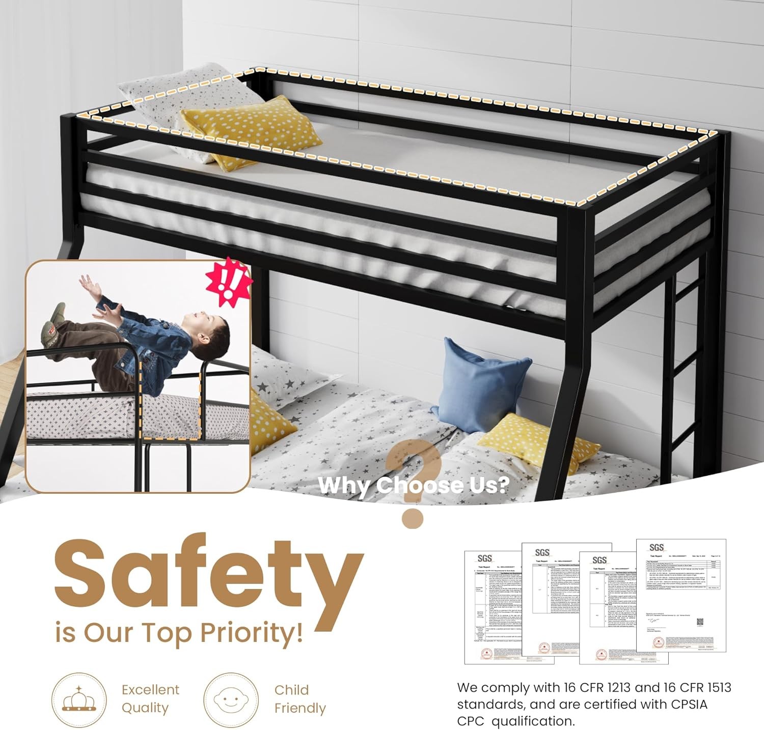 Twin Over Full Loft Bunk Bed Metal Black with Ladder