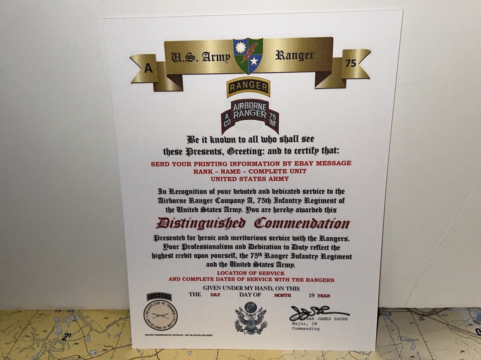 U.S. ARMY - A CO. 75TH RANGER INFANTRY / DISTINGUISHED COMMENDATION CERTIFICATE