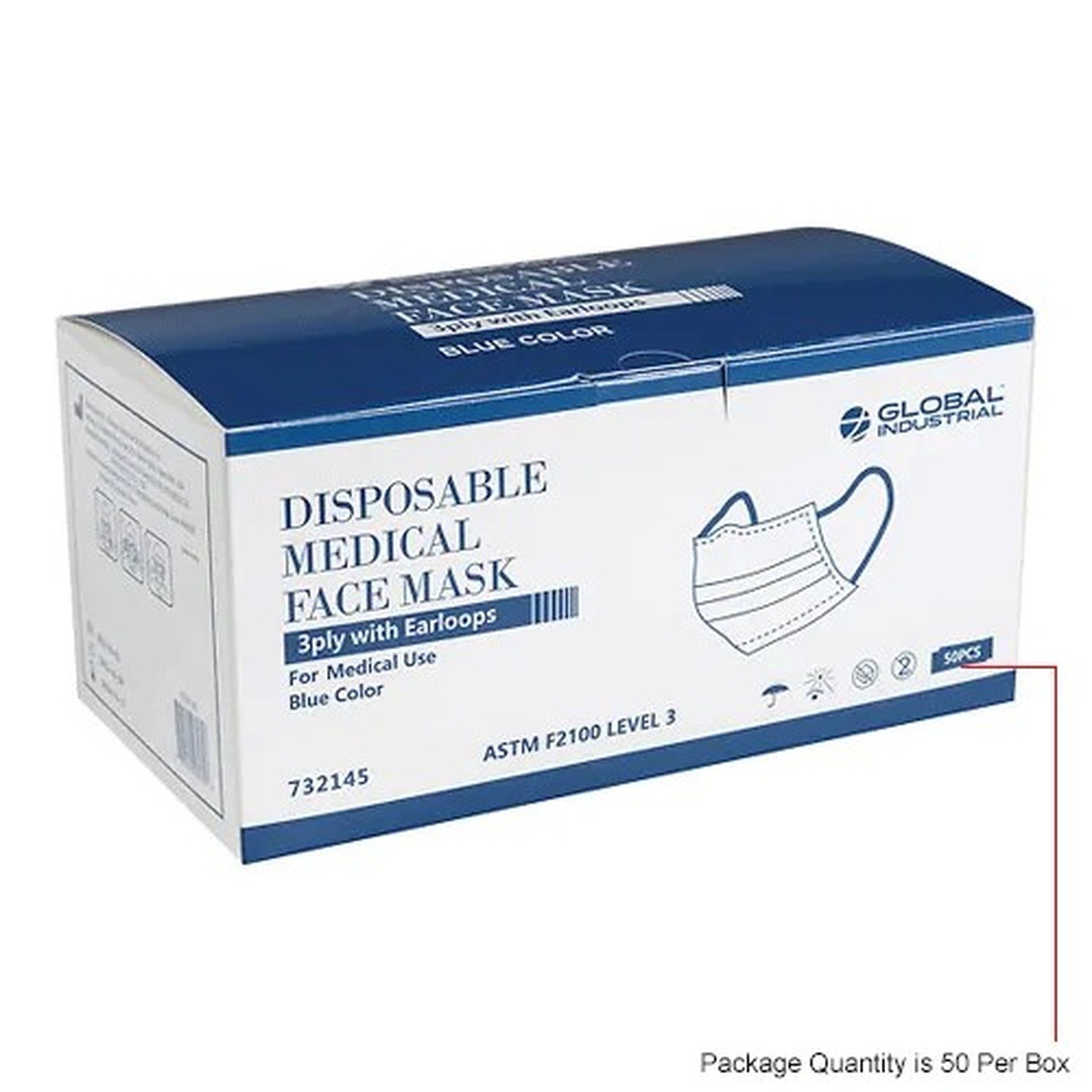 Disposable Medical Face Mask, 3-Ply w/Earloops, ASTM Level 3, Blue, 50/Box