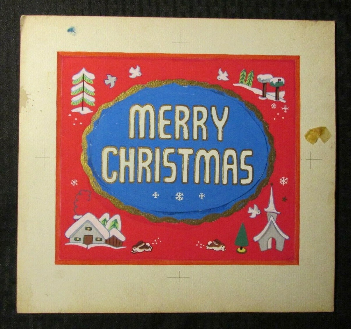 MERRY CHRISTMAS w/ Church Bunnies & Birds 12x11" Greeting Card Art #1706