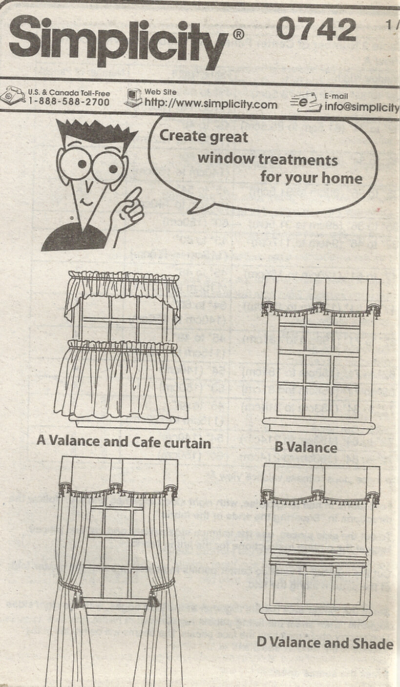 SIMPLICITY 0742 WINDOW TREATMENTS SEWING PATTERN ©2001