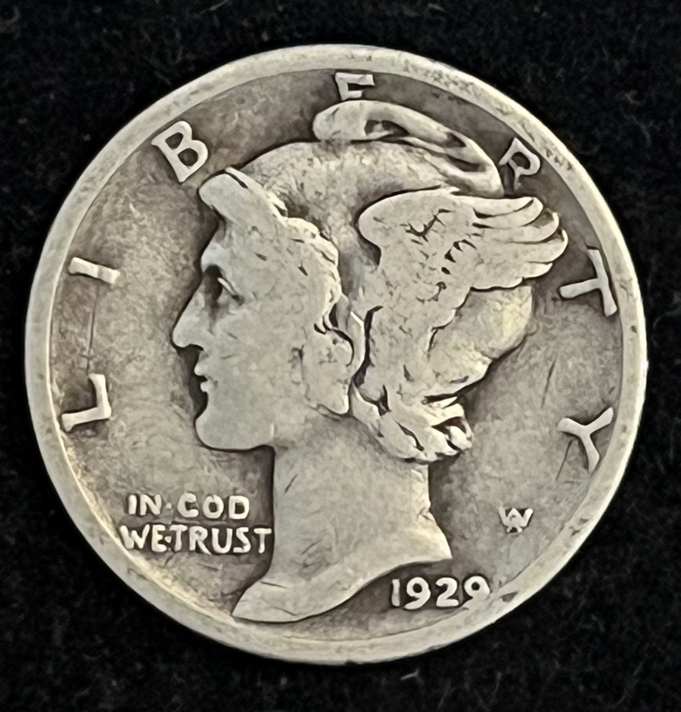 1929-P Mercury Dime, 90% Silver, Circulated, Philadelphia Mint, Ten Cents RW007