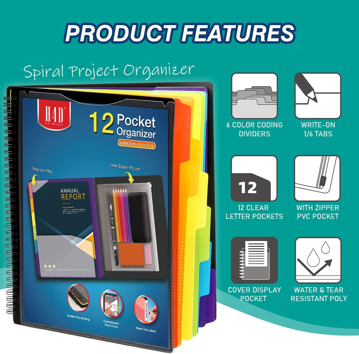 12 Pocket Poly Project Organizer, Spiral Multi Pocket Folder Organizer, Multi-Su