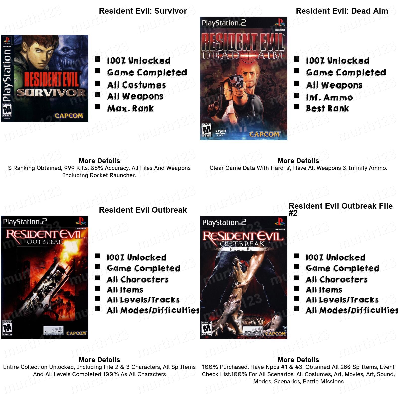 RESIDENT EVIL 1 2 3 4 | MEMORY CARD SAVES | PSX PS2 Code Veronica Nemesis Cheats