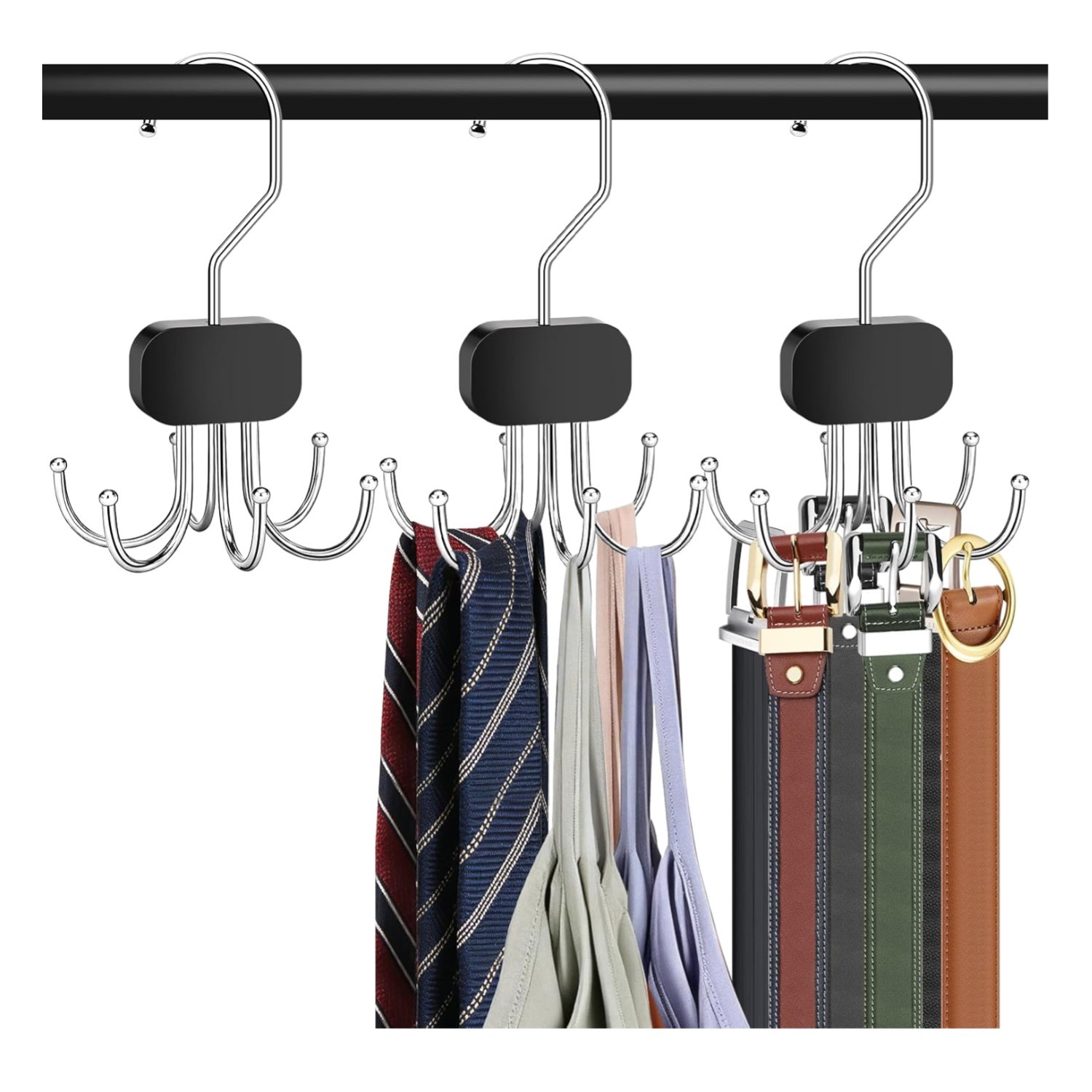 Compact 3PCS Closet Tie and Belt Organizer - Max 72 Accessories, Anti-Slip Hooks