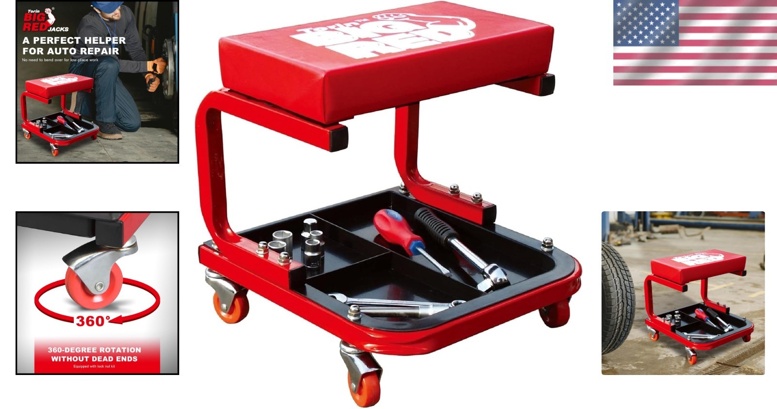 Torin Medium Red Rolling Creeper Stool - Padded Seat, Easy Mobility, Tool Tray