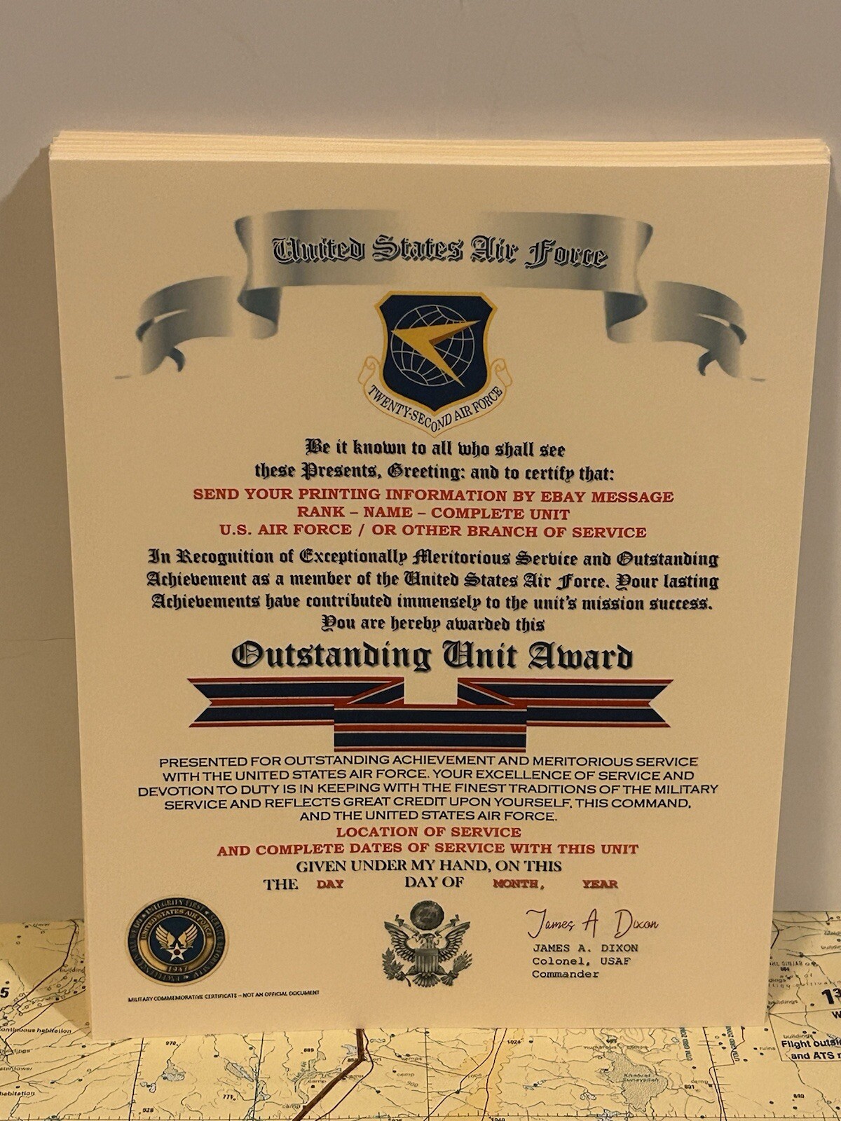 U.S. AIR FORCE / TWENTY-SECOND AIR FORCE - OUTSTANDING UNIT AWARD CERTIFICATE