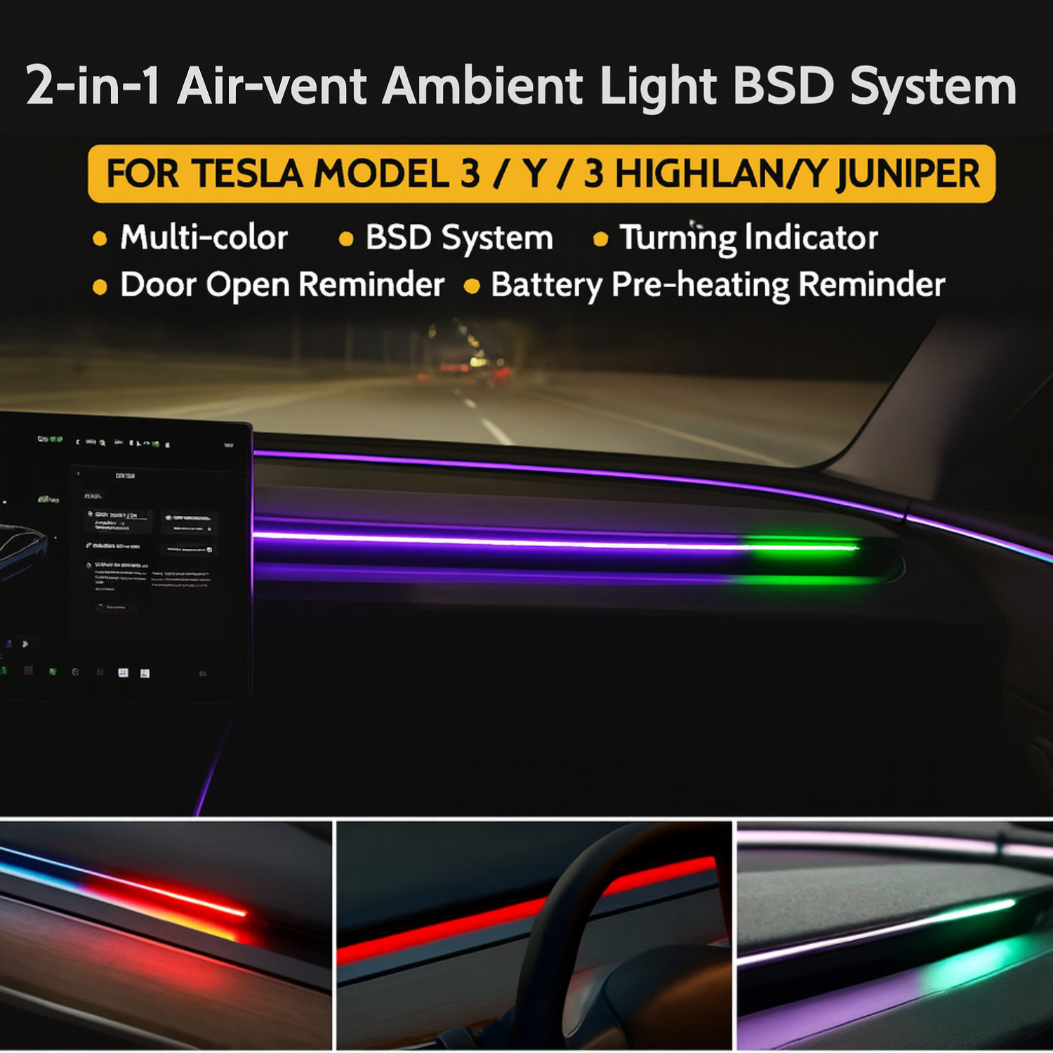 Smart Air Vent Ambient Light BSD Blind Spot Monitor for Tesla Model 3 Y 2021-25