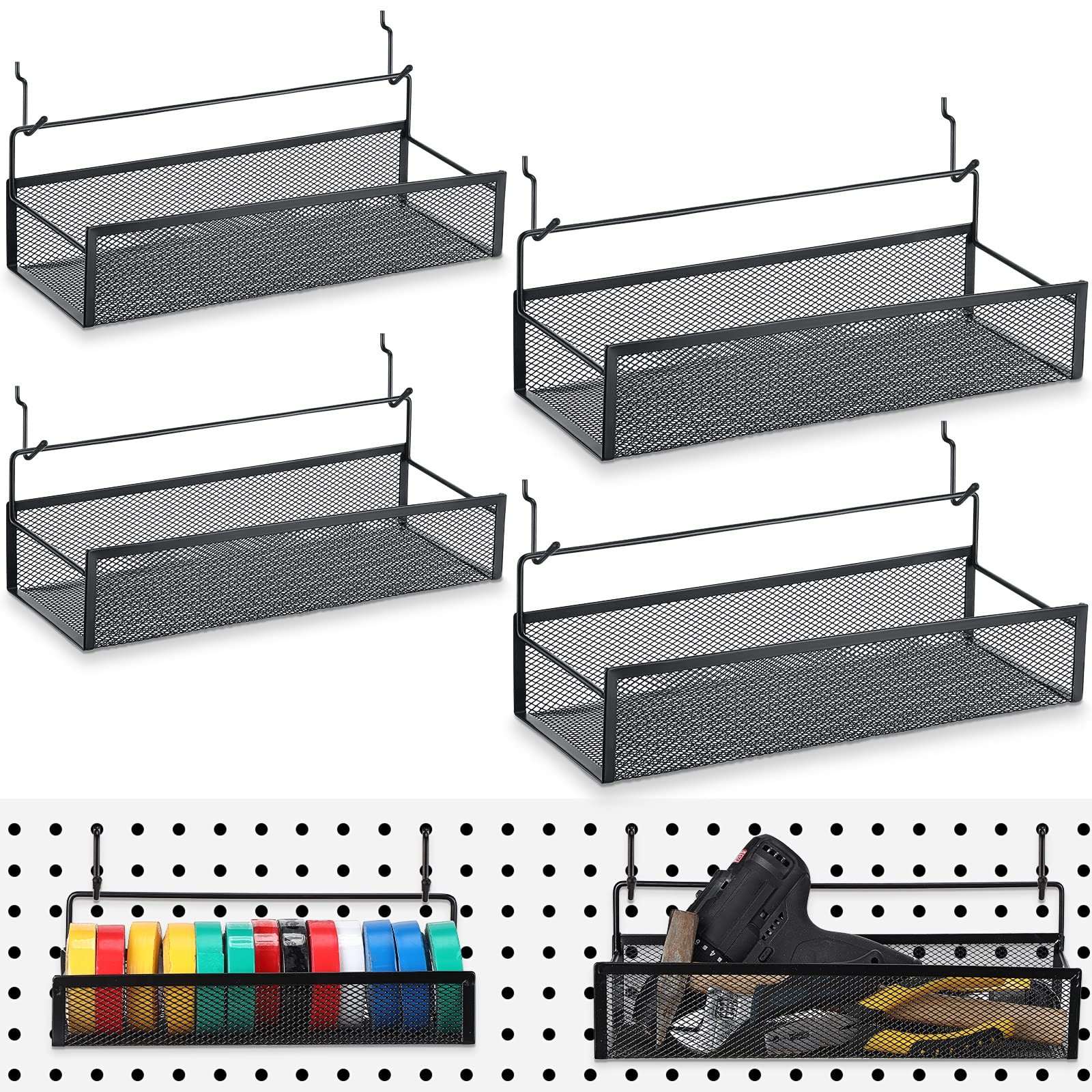 4 PCS Metal Pegboard Baskets with 8 Black Hooks Organizer Accessories
