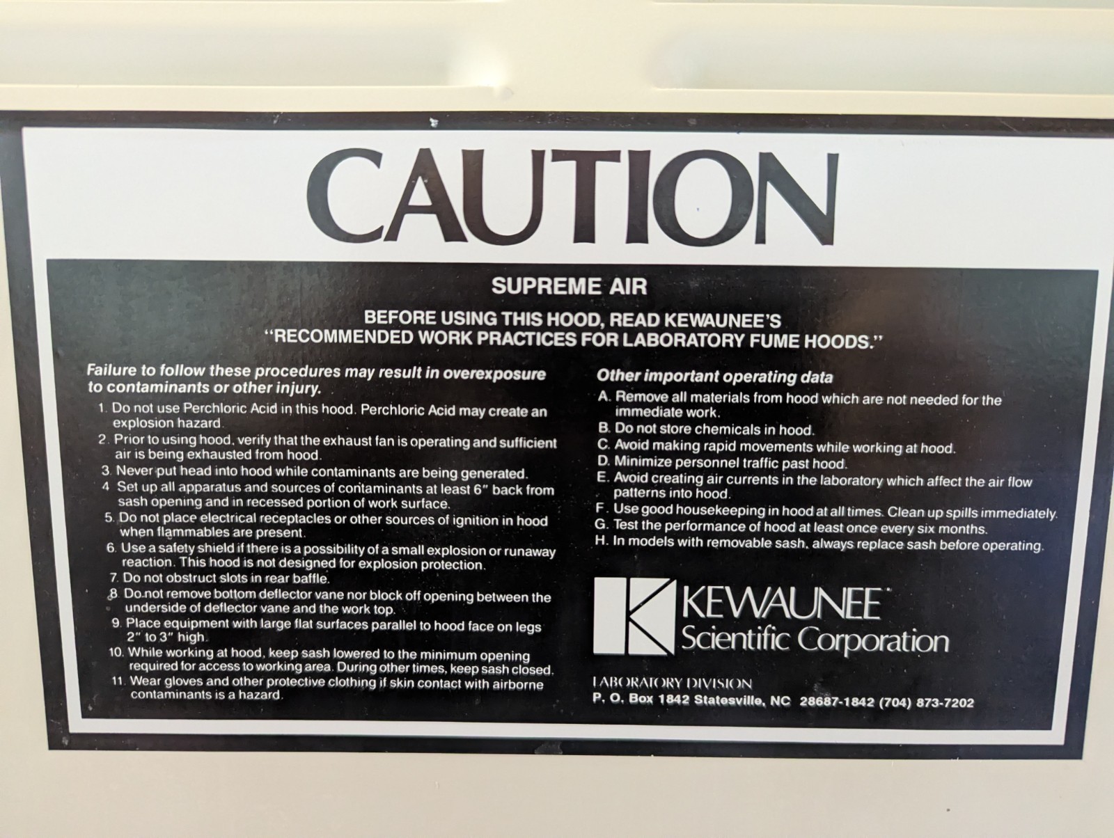 Used 6 Foot Kewaunee Scientific Laboratory Fume Hood w/o Cabinets