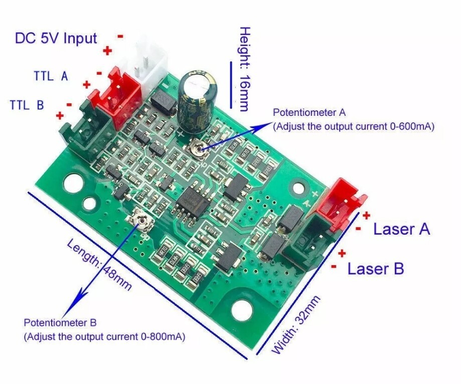 Laser Diode Driver 635nm 638nm 532nm 808nm Red Green Adjustable Current with TTL