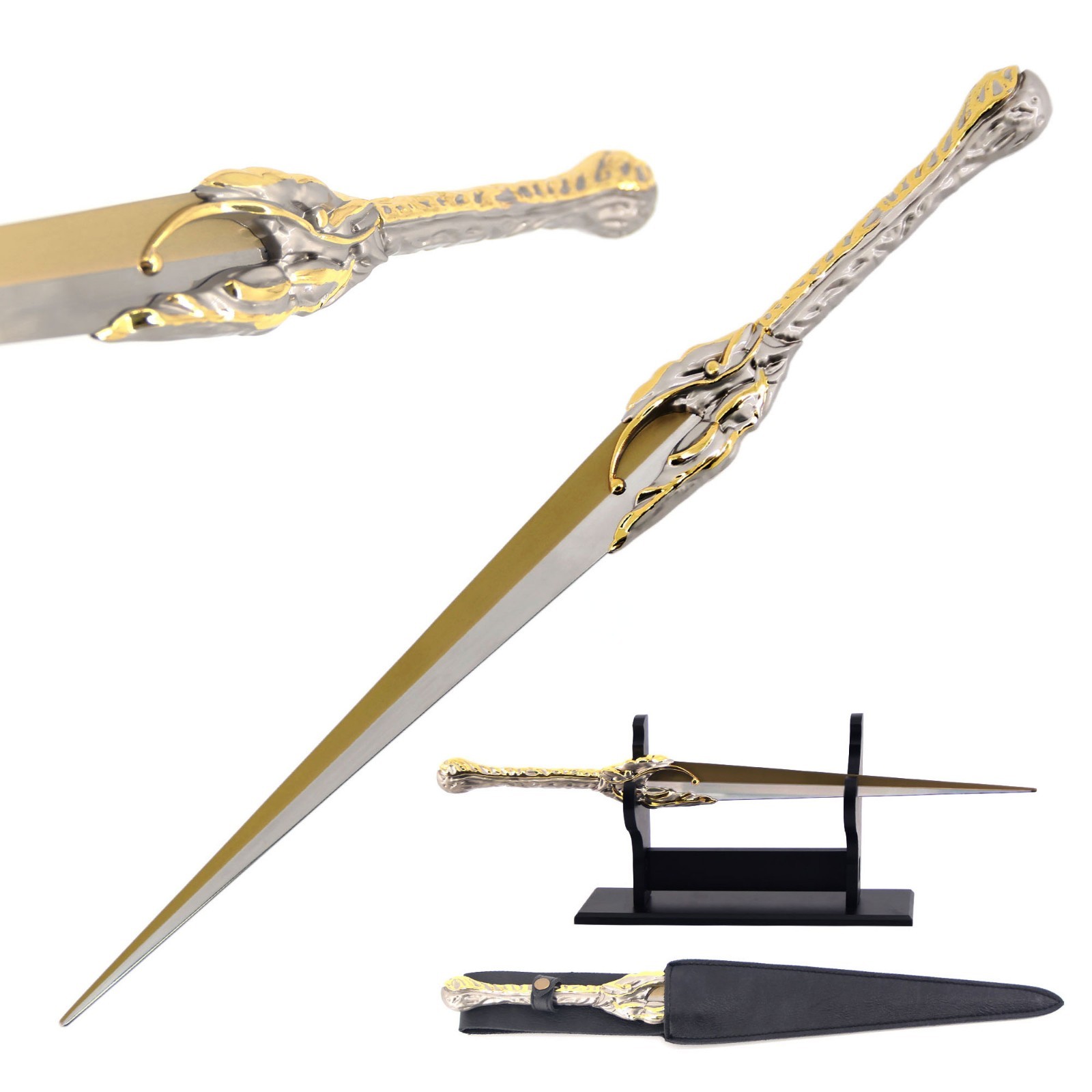 18.5" Witch Queen Elven Dagger Sword with Sheath & Wooden Display Stand