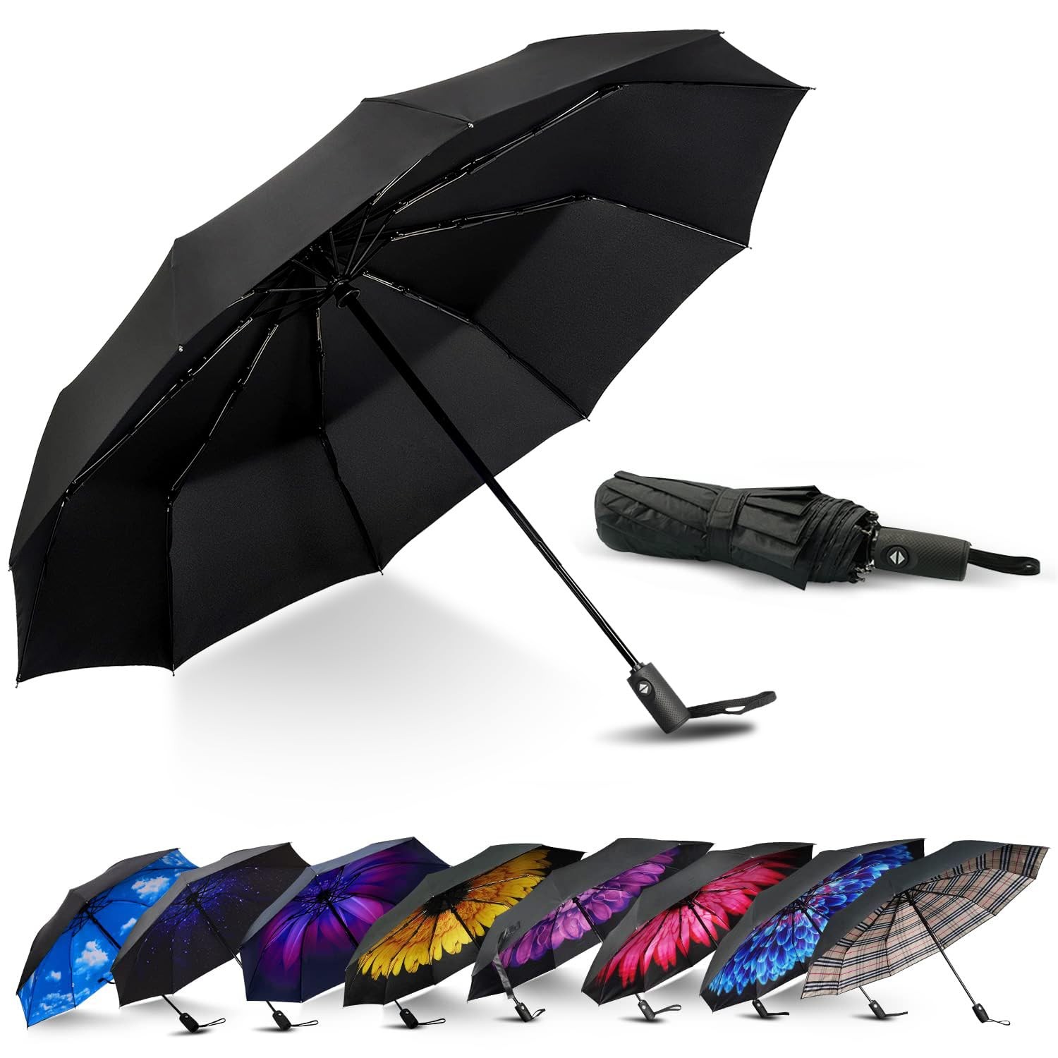 Compact Travel Umbrella Auto Open Close Windproof UPF50 Plus Umbrella