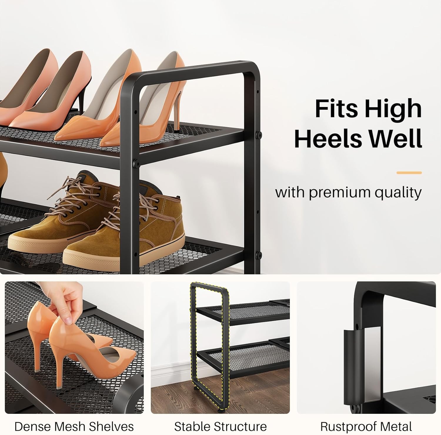 Adjustable 2 Tier Metal Shoe Shelf Black