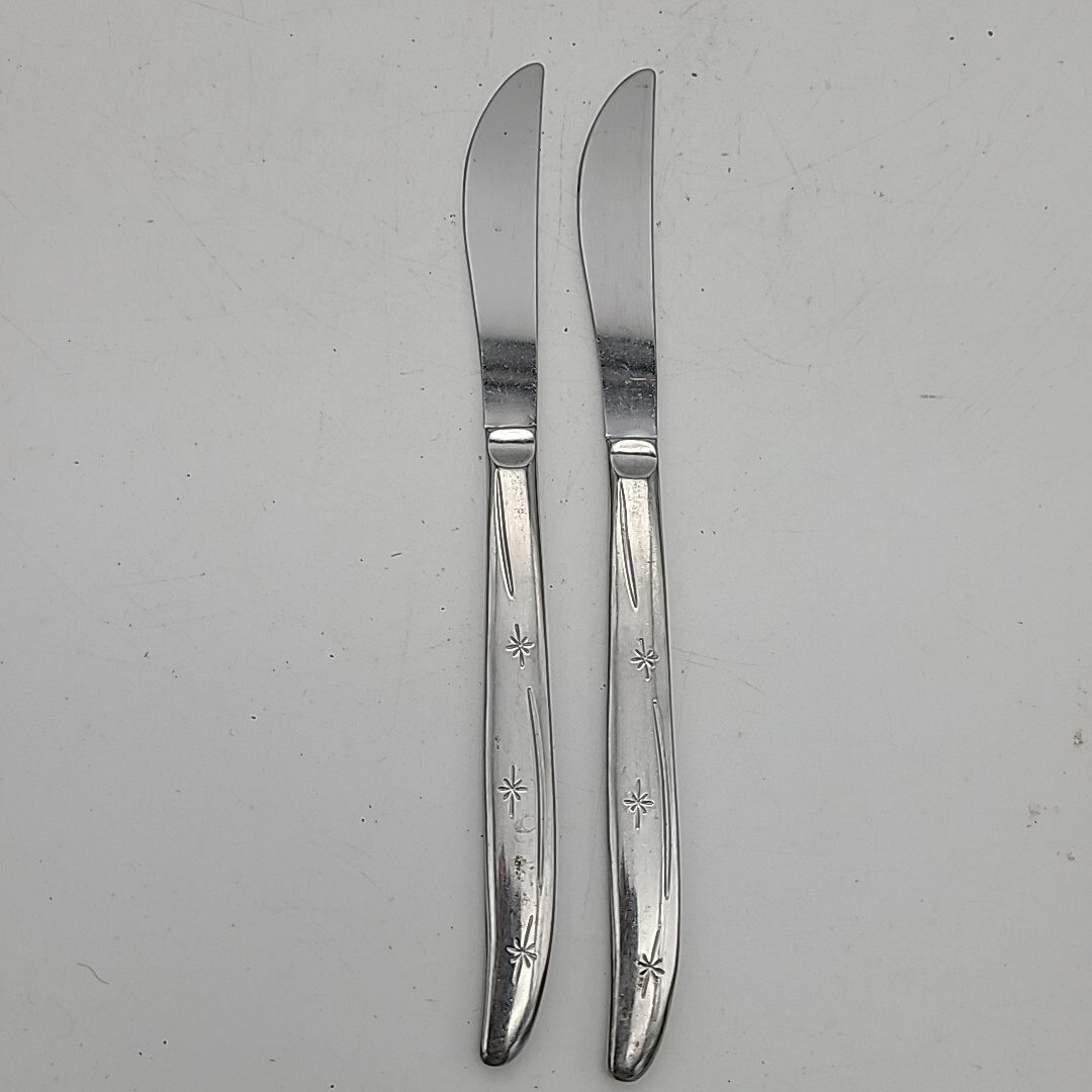 2 Dinner Knives Superior USA Celestial Starburst Atomic Age Stainless Steel MCM