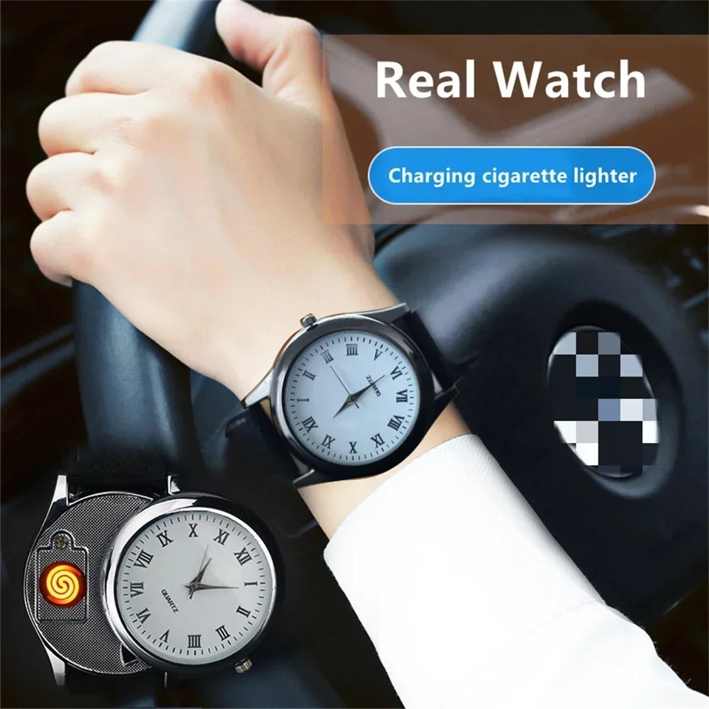 Men's Real Watch Style Metal Coil Rechargeable USB Cigarette Lighter