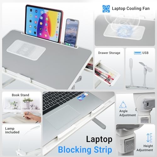 Laptop Lap Desk with Cooling Fan - Adjustable with Light, USB, Grey,56-32cm