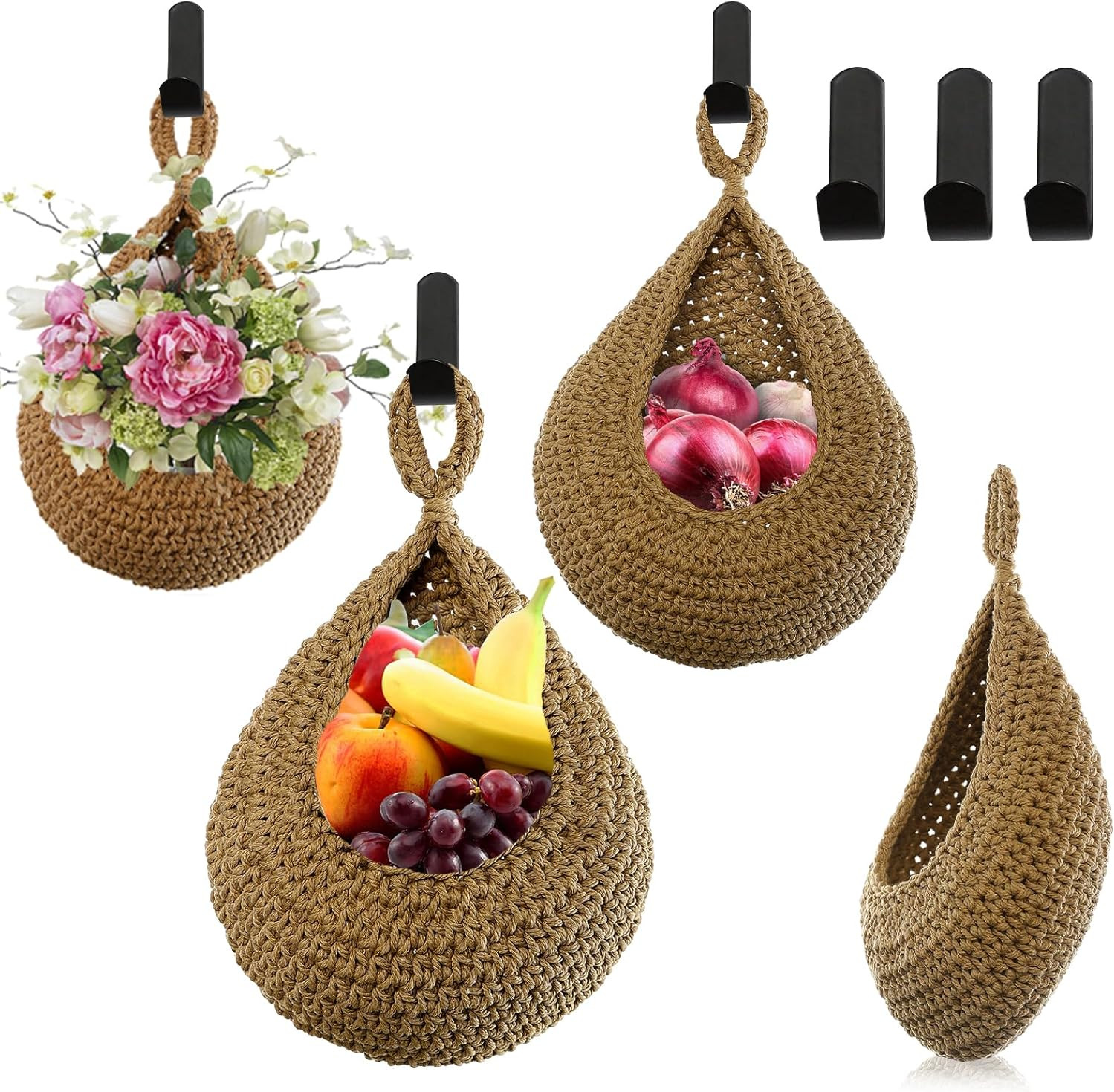 Hanging Fruit Baskets for Kitchen - Handwoven in 3 Sizes Boho Wall Hanging