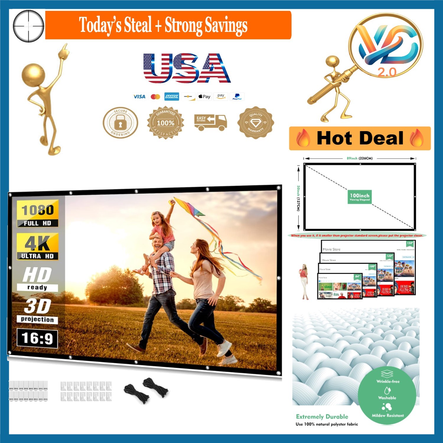 Foldable 100 Inch 4K Projector Screen Dual Sided Wrinkle-Free Indoor Outdoor