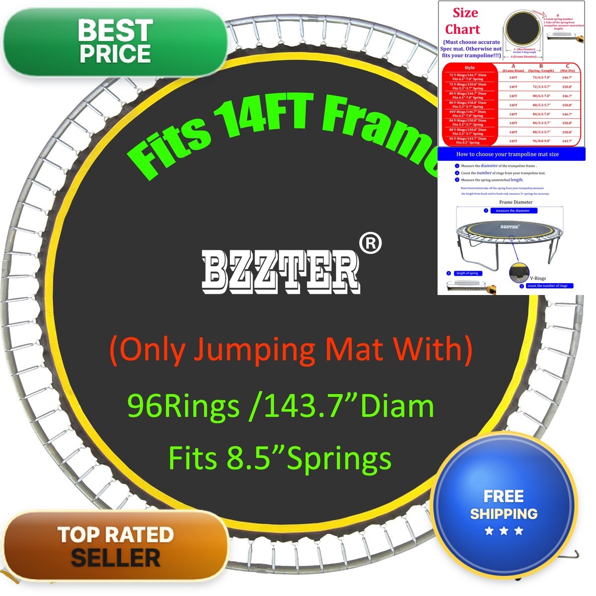 Bzzter Replacement Trampoline Mat11.97Ft Diameter Mat 96 Ringsfits 14Ft Round