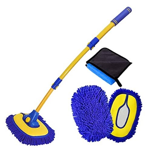 Car Wash Brush with Long Handle, Microfiber Blue Mop With Blue Washing Cloth